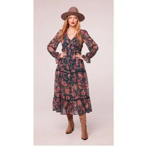 Band of the Free BOG Dress Small Run the World Pine Berry Boho Floral Flowy Midi - Picture 1 of 16